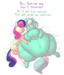 Size: 1217x1425 | Tagged: safe, artist:secretgoombaman12345, derpibooru import, bon bon, lyra heartstrings, sweetie drops, pony, belly, big belly, chubby cheeks, cuddling, fat, fat fetish, feedee, feeder, feeder bon bon, female, fetish, lard-ra heartstrings, lesbian, lyra feedee, lyrabon, morbidly obese, obese, shipping, snuggling, thunder thighs, weight gain