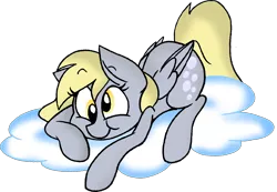 Size: 1558x1080 | Tagged: safe, artist:strangiesleepy, derpibooru import, derpy hooves, pegasus, pony, :t, cloud, cute, derpabetes, female, mare, prone, simple background, smiling, solo, transparent background