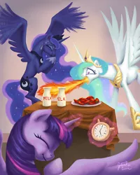 Size: 667x833 | Tagged: safe, artist:dracontiar, derpibooru import, princess celestia, princess luna, twilight sparkle, twilight sparkle (alicorn), alicorn, pony, chili pepper, female, fire, magic, mare, milk, peppers, prank, stopwatch, this will end in tears and/or a journey to the moon