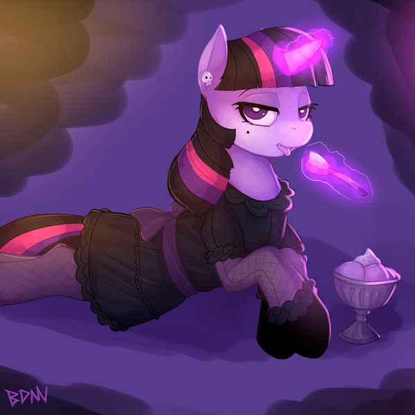 Size: 1100x1100 | Tagged: artist:drbdnv, clothes, derpibooru import, dress, eating, female, fishnets, glow, gothic, ice cream, magic, mole, prone, skull earrings, solo, solo female, stockings, suggestive, telekinesis, twilight sparkle