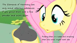 Size: 800x450 | Tagged: a bird in the hoof, ash, crack, derpibooru import, drugs, edit, edited screencap, elements of harmony, fluttershy, insane pony thread, safe, screencap, solo, text