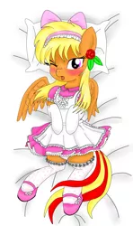 Size: 2000x3384 | Tagged: suggestive, artist:avchonline, derpibooru import, oc, oc:sean, unofficial characters only, pegasus, pony, apron, bed, blushing, bow, clothes, crossdressing, dress, flower pattern underwear, frilly dress, frilly underwear, lace, maid, male, mary janes, panties, pinafore, pink underwear, rose, shoes, solo, solo male, stockings, underwear
