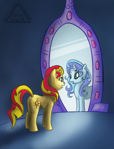 Size: 1024x1337 | Tagged: safe, artist:sleepyheadkl, derpibooru import, sunset shimmer, pony, mirror, solo