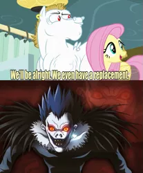 Size: 637x768 | Tagged: bulk biceps, death note, derpibooru import, fluttershy, meme, rainbow falls, replacement meme, ryuk, safe, shinigami