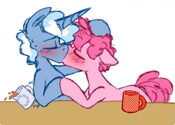 Size: 759x543 | Tagged: aperture science, artist:artflicker, blushing, bubble berry, coffee mug, derpibooru import, gay, half r63 shipping, kissing, male, pinkie pie, pokeyberry, pokeypie, pokey pierce, portal, portal 2, rule 63, safe, shipping, table
