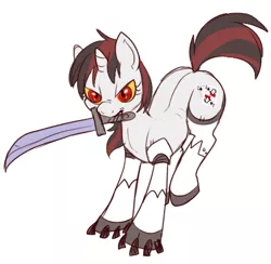 Size: 432x422 | Tagged: semi-grimdark, artist:lulubell, derpibooru import, oc, oc:blackjack, unofficial characters only, cyborg, pony, unicorn, fallout equestria, fallout equestria: project horizons, fanfic, cutie mark, fanfic art, female, hooves, horn, mare, mouth hold, simple background, solo, sword, weapon, white background