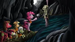 Size: 3840x2160 | Tagged: safe, artist:klystron2010, derpibooru import, apple bloom, applejack, big macintosh, fluttershy, granny smith, pinkie pie, bat pony, pony, camera, cave, flutterbat, race swap, raft, river, scariest cave in equestria, wallpaper