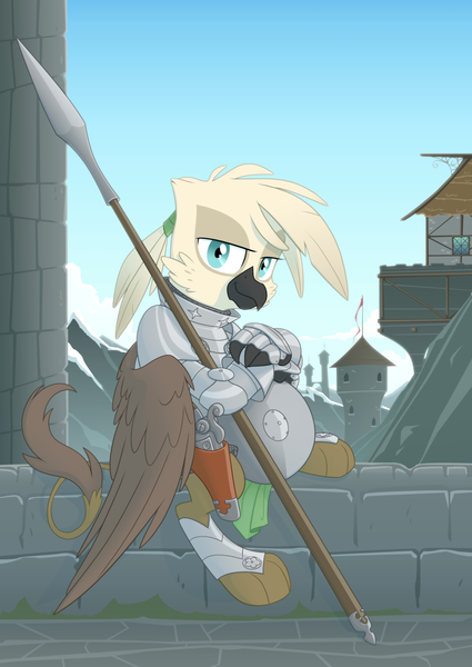 Size: 2500x3528 | Tagged: safe, artist:equestria-prevails, derpibooru import, oc, unofficial characters only, gryphon, armor, breastplate, cloud, flag, flag pole, gauntlet, griffon oc, gun, holster, image, mountain, mountain range, png, shield, sitting, solo, spear, stone wall, tower, weapon