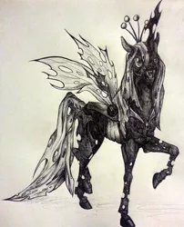 Size: 714x882 | Tagged: safe, artist:torakatt, derpibooru import, queen chrysalis, changeling, changeling queen, fangs, female, monochrome, solo, tongue out, traditional art