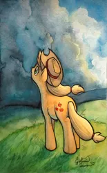 Size: 621x1000 | Tagged: safe, artist:dracontiar, derpibooru import, applejack, earth pony, pony, cloud, cloudy, cowboy hat, female, field, grass, hat, mare, sky, solo, stetson, storm, stormcloud, traditional art, watercolor painting, wind
