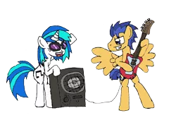 Size: 1194x811 | Tagged: artist:jrapcdaikari, backwards cutie mark, bass guitar, derpibooru import, flash sentry, guitar, magical bass guitar, musical instrument, safe, speakers, vinyl scratch, wub