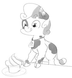 Size: 833x900 | Tagged: artist:doppelgaenger, cow, cowbell, cowbelle, cowified, derpibooru import, ear tag, grayscale, monochrome, safe, solo, species swap, sweetie belle