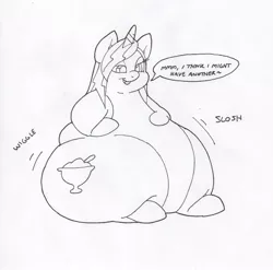 Size: 1280x1266 | Tagged: safe, artist:zacharyisaacs, derpibooru import, oc, oc:hot fudge, unofficial characters only, bedroom eyes, fat, jiggle, monochrome, morbidly obese, obese, plot, sequence, solo, speech bubble, stomach noise, weight gain