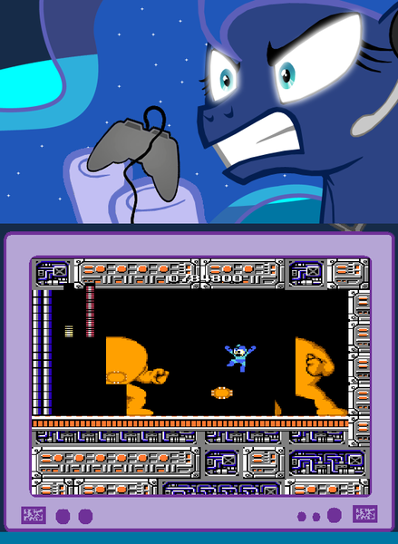 Size: 563x769 | Tagged: angry, derpibooru import, exploitable meme, gamer luna, megaman, meme, obligatory pony, princess luna, safe, that one boss, tv meme, yellow devil