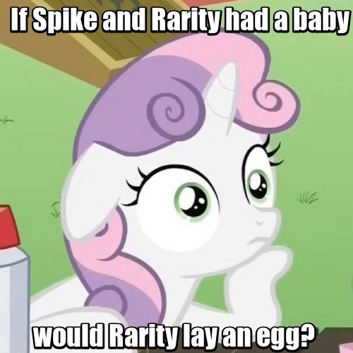 Size: 500x500 | Tagged: cropped, derpibooru import, edit, edited screencap, egg, floppy ears, hoof on chin, image macro, implied oviposition, meme, ponyville confidential, question, rarity, safe, screencap, solo, speculation, spike, sudden clarity sweetie belle, sweetie belle