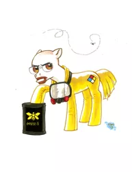 Size: 1078x1400 | Tagged: safe, artist:carla speed mcneil, derpibooru import, ponified, bee, earth pony, fly, pony, bald, barrel, beard, breaking bad, clothes, crossover, gas mask, glasses, heisenberg, heisenpon, moustache, simple background, solo, suit, walter white, white background