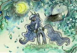 Size: 13724x9480 | Tagged: safe, artist:nightrosi, derpibooru import, princess luna, absurd resolution, crying, leaves, moon, solo, traditional art