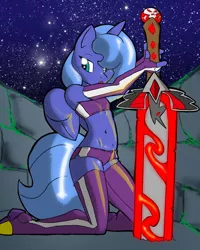 Size: 606x756 | Tagged: alicorn amulet, anthro, artist:theburningdonut, belly button, clothes, derpibooru import, female, gloves, hair over one eye, long gloves, midriff, night, night sky, princess luna, s1 luna, safe, sky, solo, stars, sword