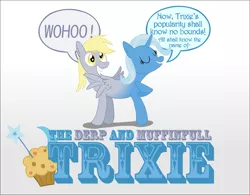 Size: 1557x1215 | Tagged: safe, artist:ultrathehedgetoaster, derpibooru import, derpy hooves, trixie, pegasus, pony, conjoined, dialogue, female, fusion, gradient background, hedgetoaster hybrid, mare, pushmi-pullyu, the derp and muffinful trixie, we have become one, what has science done