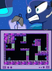 Size: 563x769 | Tagged: angry, boobeam trap, derpibooru import, exploitable meme, gamer luna, megaman, megaman 2, meme, obligatory pony, princess luna, safe, that one boss, turret boss, tv meme