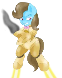 Size: 2300x2890 | Tagged: safe, artist:blackbewhite2k7, derpibooru import, beauty brass, pony, arm cannon, bipedal, brassmare, commission, crossover, floating, iron man, iron mare, marvel, parody, powered exoskeleton, simple background, smoke, solo, transparent background, vector