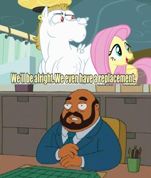 Size: 640x756 | Tagged: safe, derpibooru import, bulk biceps, fluttershy, human, pegasus, pony, rainbow falls, american dad, ear piercing, earring, exploitable meme, female, human male, jewelry, male, mare, meme, piercing, principal lewis, replacement meme, stallion