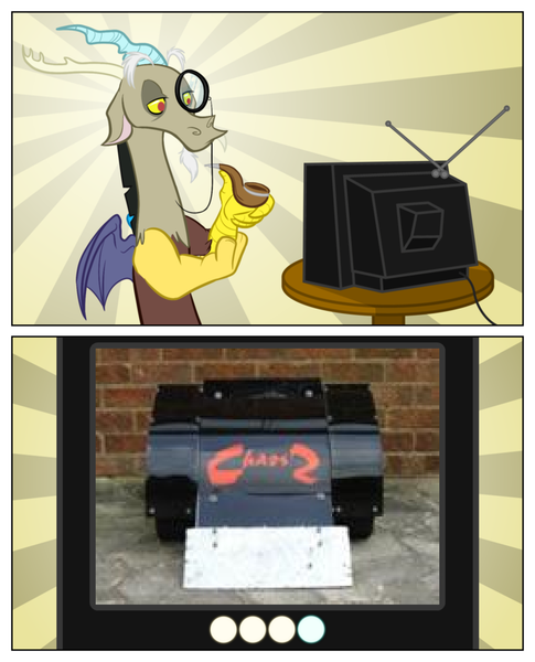 Size: 828x1024 | Tagged: chaos, chaos 2, derpibooru import, discord, exploitable meme, meme, obligatory pony, robot wars, safe, sunburst background, tv meme