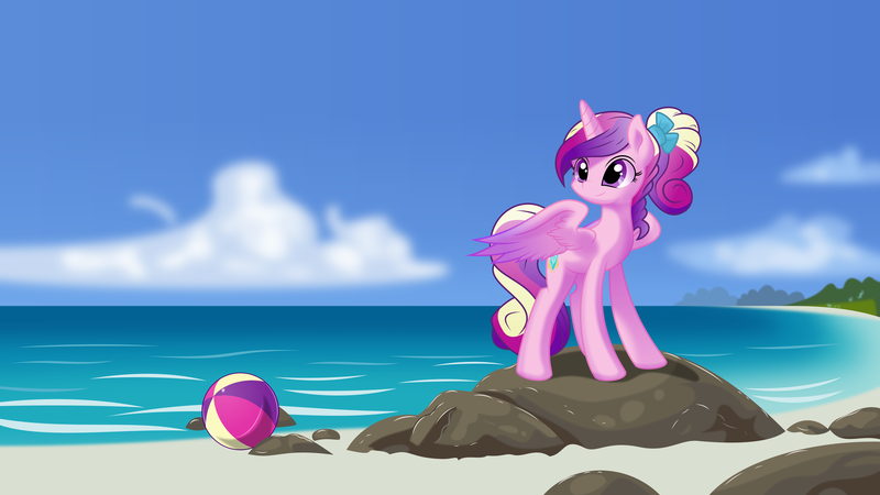 Size: 11200x6300 | Tagged: safe, artist:kp-shadowsquirrel, artist:parclytaxel, derpibooru import, princess cadance, alicorn, pony, .svg available, absurd resolution, beach, beach ball, cloud, cute, cutedance, female, ocean, ponytail, rock, sand, shading, sky, smiling, solo, vector, wallpaper, water