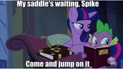 Size: 640x364 | Tagged: suggestive, derpibooru import, spike, twilight sparkle, twilight sparkle (alicorn), alicorn, pony, female, ginuwine, image macro, male, mare, meme, shipping, song reference, spike blushing at a book meme, straight, twilight's bad pickup lines, twispike
