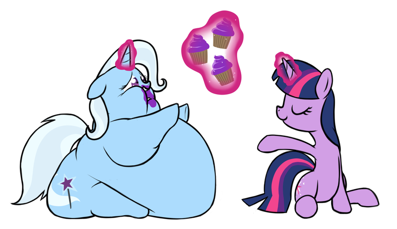 Size: 1472x850 | Tagged: artist:calorie, belly, big belly, chubby cheeks, cupcake, derpibooru import, fat, feeding, force feeding, huge butt, immobile, impossibly large belly, large butt, magic, morbidly obese, obese, safe, the great and bountiful trixie, the great and powerful ass, trixie, twilight sparkle