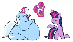 Size: 1472x850 | Tagged: artist:calorie, belly, big belly, chubby cheeks, cupcake, derpibooru import, fat, feeding, force feeding, huge butt, immobile, impossibly large belly, large butt, magic, morbidly obese, obese, safe, the great and bountiful trixie, the great and powerful ass, trixie, twilight sparkle