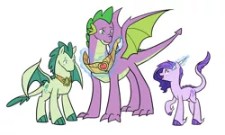 Size: 1024x614 | Tagged: safe, artist:kianamai, derpibooru import, spike, oc, oc:crystal clarity, oc:turquoise blitz, dracony, hybrid, kilalaverse, father and child, fire ruby, interspecies offspring, necklace, next generation, offspring, older, parent:rarity, parent:spike, parents:sparity, quadrupedal spike, simple background, story included, trio, white background, winged spike