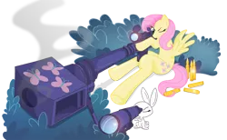 Size: 2045x1263 | Tagged: safe, artist:toonlancer, derpibooru import, angel bunny, fluttershy, pegasus, pony, anti-materiel rifle, bush, cutie mark, duo, female, gun, hooves, mare, one eye closed, optical sight, pet, rifle, sitting, smoke, sniper rifle, snipershy, spread wings, weapon, wings