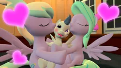 Size: 640x360 | Tagged: 3d, cloudchaser, derpibooru import, female, flitter, flitterumble, flitterumblechaser, gmod, heart, kissing, kiss on the cheek, kiss on the head, kiss sandwich, male, rumble, rumblechaser, rumble gets both the mares, safe, shipping, straight