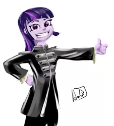 Size: 800x884 | Tagged: artist:archonix, clothes, derpibooru import, female, human, humanized, i dun goofed, looking at you, my chemical romance, pony coloring, safe, signature, simple background, solo, the black parade, thumbs up, twilight sparkle, uniform, white background