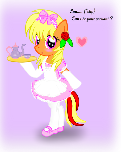 Size: 2000x2500 | Tagged: safe, artist:avchonline, derpibooru import, oc, oc:sean, unofficial characters only, pony, apron, bipedal, blushing, clothes, crossdressing, dress, heart, maid, male, mary janes, pinafore, ribbon, solo, stockings, tea, teacup, teapot