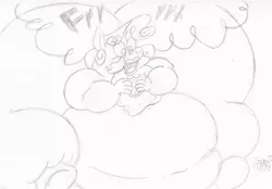 Size: 1280x890 | Tagged: artist:joe-anthro, burger, eating, fart, fart noise, fat, immobile, impossibly large butt, monochrome, morbidly obese, obese, plot, safe, sketch, slob, solo, sweetie belle, sweetie belly, traditional art