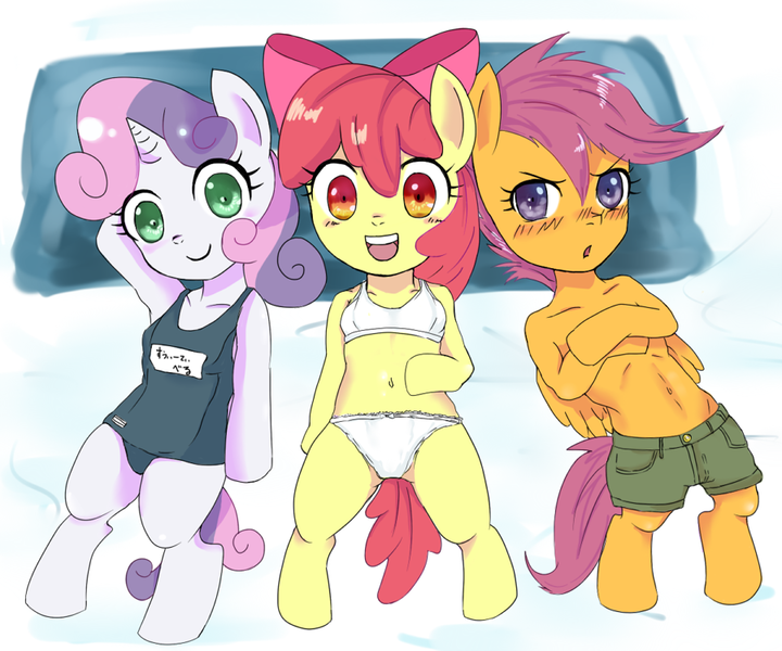 Size: 900x750 | Tagged: apple bloom, artist:kuromozuku, belly button, blushing, breasts, clothes, covering, cutie mark crusaders, derpibooru import, explicit source, female, filly, foalcon, frilly underwear, grimdark source, one-piece swimsuit, open mouth, panties, school swimsuit, scootaloo, semi-anthro, shorts, small breasts, suggestive, sukumizu, sweetie belle, swimsuit, topless, trunks, underwear