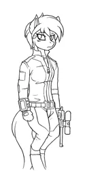 Size: 600x1200 | Tagged: anthro, anthro oc, artist:whitepone, black and white, clothes, derpibooru import, fallout equestria, fanfic, fanfic art, female, grayscale, gun, handgun, hooves, little macintosh, monochrome, oc, oc:littlepip, optical sight, pipbuck, revolver, safe, simple background, solo, unofficial characters only, vault suit, weapon, white background