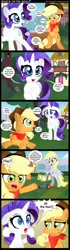 Size: 1000x3550 | Tagged: safe, artist:coltsteelstallion, derpibooru import, applejack, derpy hooves, rarity, pony, bag, bandana, bipedal, comic, eating, engrish, floppy ears, grass, grazing, herbivore, hooves on belly, horses doing horse things, lawn mower, sitting, smiling, speech bubble, sudden realization, tongue out, tower of pimps