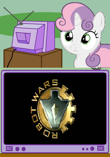 Size: 564x800 | Tagged: safe, derpibooru import, sweetie belle, pony, robot, robot pony, unicorn, exploitable meme, female, filly, foal, horn, logo, meme, obligatory pony, robot wars, solo, sweetie bot, text, tv meme