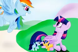 Size: 1024x683 | Tagged: safe, artist:biosonic100, derpibooru import, rainbow dash, twilight sparkle, twilight sparkle (alicorn), oc, oc:event horizon, oc:gliding line, alicorn, pony, colt, female, foal, male, mama twilight, mare, offspring, parent:flash sentry, parent:rainbow dash, parent:soarin', parent:twilight sparkle, parents:flashlight, parents:soarindash