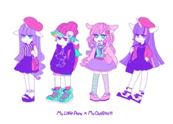 Size: 685x490 | Tagged: artist:x0x0-x0x0, beatnik rarity, beret, clothes, derpibooru import, eared humanization, fashion, hat, horned humanization, human, humanized, pinkie pie, pixiv, rainbow dash, rarity, safe, sandals, twilight sparkle, winged humanization