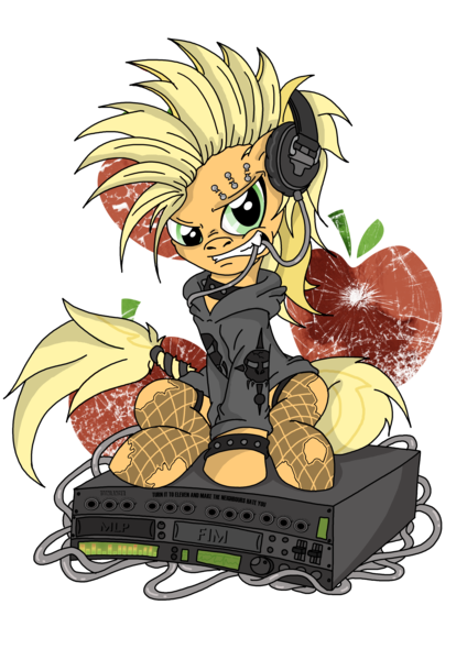 Size: 3508x4961 | Tagged: safe, artist:toonlancer, derpibooru import, applejack, alternate hairstyle, applepunk, clothes, headphones, hoodie, mohawk, piercing, punk, sitting, solo