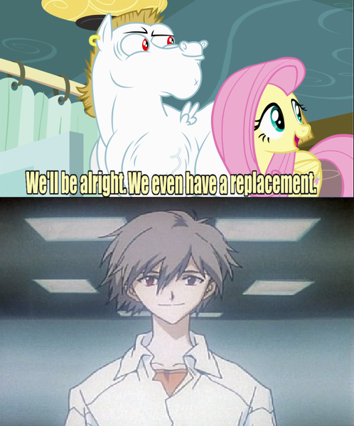 Size: 642x774 | Tagged: safe, derpibooru import, bulk biceps, fluttershy, exploitable meme, meme, nagisa kaworu, neon genesis evangelion, replacement meme