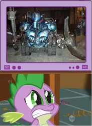 Size: 363x496 | Tagged: derpibooru import, exploitable meme, meme, obligatory pony, robot wars, safe, scared, sir killalot, spike, tv meme