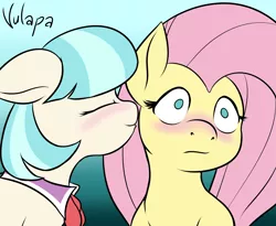 Size: 2059x1686 | Tagged: artist:vulapa, blushing, coco pommel, cocoshy, eyes closed, female, floppy ears, fluttershy, lesbian, safe, shipping, smiling, surprised, varying degrees of want, wavy mouth, wide eyes