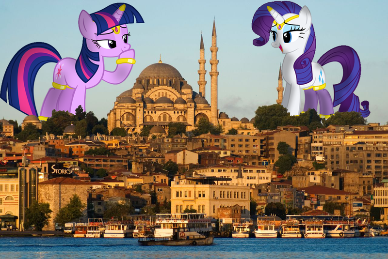 Size: 1280x856 | Tagged: safe, artist:navitaserussirus, artist:somerandomminion, derpibooru import, rarity, twilight sparkle, genie, pony, boat, giant pony, giantess, irl, istanbul, macro, mosque, photo, ponies in real life, rarilight, shipping, turkey (country)