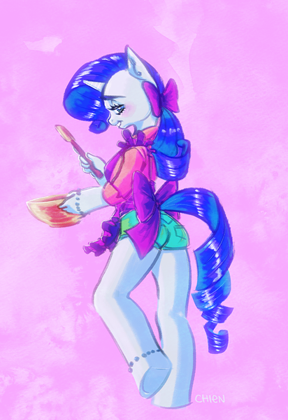 Size: 560x815 | Tagged: anthro, apron, artist:just chien, bedroom eyes, bow, clothes, cooking, looking at you, looking back, rarity, ribbon, safe, shorts, solo