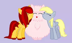 Size: 1155x692 | Tagged: safe, derpibooru import, derpy hooves, oc, oc:fluffle puff, earth pony, pegasus, pony, chest fluff, freckles, tongue out